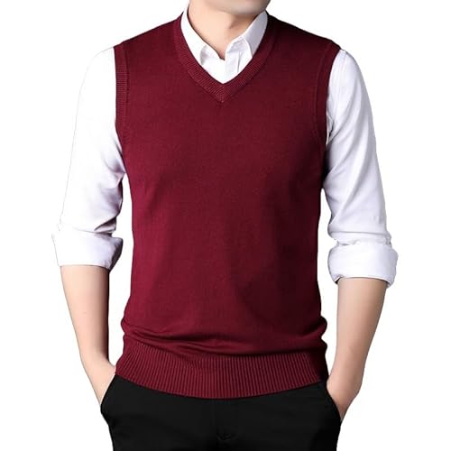 ACLCSHM Pullunder Herren Ärmellos, Herren Strickweste Pullover Regular Fit V Ausschnitt Strickweste Pullover Casual Business Ärmellos Strickpullover Herbst Winter Weste Tanktop Burgunder M von ACLCSHM