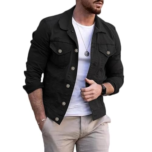 ACLCSHM Western Jeansjacke Herren, Vintage Washed Unlined Trucker Jeansjacke Button Down Cowboyjacke Baggy Herbst Casual Outerwear Herren Jeansjacke Top Schwarz L von ACLCSHM