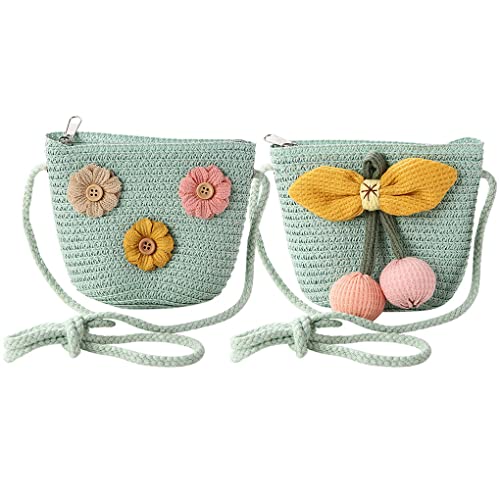 ACMEDE 2 PCS Kinder Mädchen Strohtasche Modische Blumen Crossbody Tasche Strand Handtasche Korbtasche Mini Tasche Princess Umhängetasche Sommer Schultertasche Mädchen Reise Geldbörse von ACMEDE