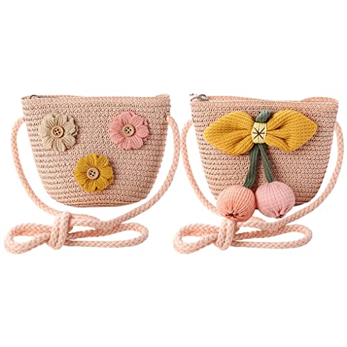 ACMEDE 2 PCS Kinder Mädchen Strohtasche Modische Blumen Crossbody Tasche Strand Handtasche Korbtasche Mini Tasche Princess Umhängetasche Sommer Schultertasche Mädchen Reise Geldbörse von ACMEDE