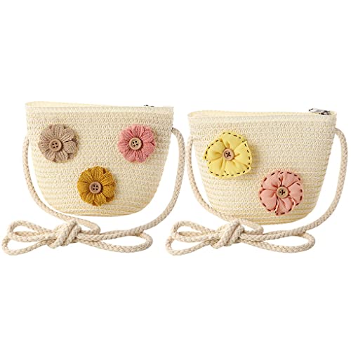 ACMEDE 2 PCS Kinder Mädchen Strohtasche Modische Blumen Crossbody Tasche Strand Handtasche Korbtasche Mini Tasche Princess Umhängetasche Sommer Schultertasche Mädchen Reise Geldbörse von ACMEDE