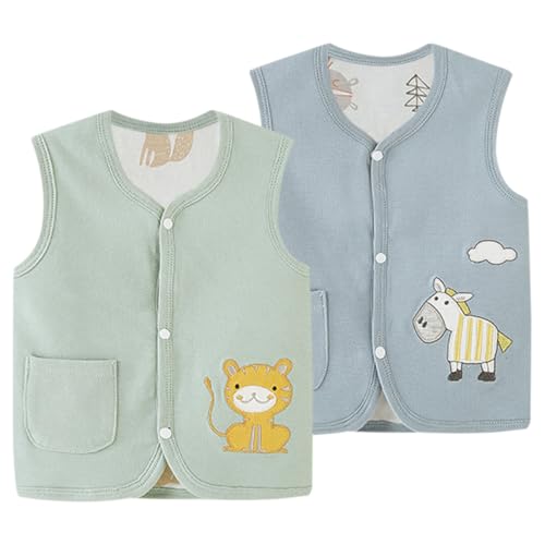 ACMEDE 2 Stück Baby Kleinkind Kinder Doppelseitig Westen 62/68/74/80/86 Frühling Herbst Baumwoll Dünn Ärmellose Jacke 92/98/104 Kinderweste mit Druckknopf mit Cartoon Muster 6 Monate -5 Jahre von ACMEDE