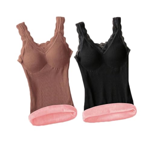 ACMEDE 2 Stück Damen Warme Unterhemd Thermotop mit Herausnehmbare BH-Einlagen Innenfleece Ärmellos Oberteil mit Spitze Elegantes Slim Fit Thermoshirts Teenager Mädchen, Mehrere Größen 35-110kg von ACMEDE