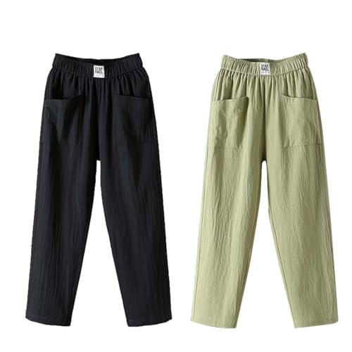 ACMEDE 2 Stück Leinenhose Damen 3/4 Palazzo Hose Damen Culotte Hose Leichte Weites Bein Sommerhose Casual High Waisted Hosen Einfarbig Leinen Freizeithose Sommerhose Mit Taschen, M-4XL/40-70kg von ACMEDE