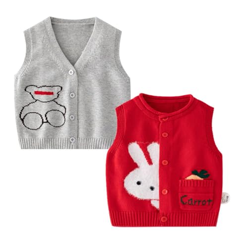 ACMEDE 2 Stück Set Baby V-Ausschnitt Pullunder Strickweste 62/68/74/80/86/92 Kinder Ärmellos Strickjacke Gestrickte mit Bärenmotiv gr. 98/104/110 Kinder Pullunder Gestrickte Weste von ACMEDE