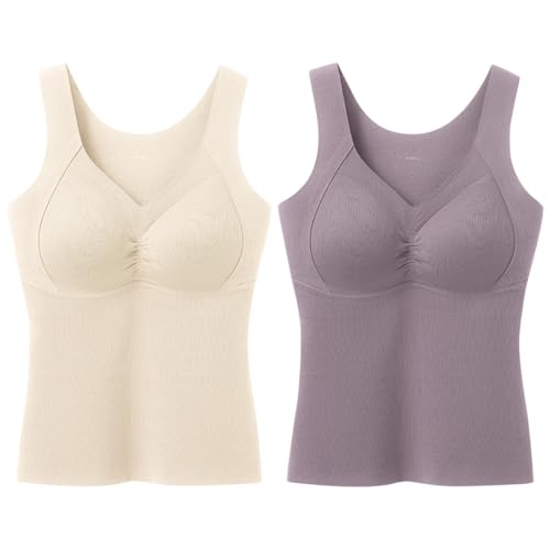 ACMEDE 2 Stück Thermo Unterhemden mit BH Damen Warm Winter Thermo Tank Top Unterhemd V-Ausschnitt Ärmellos Oberteil Unterziehshirt Thermounterwäsche Winterunterwäsche Weste Oberteil, 40-75KG von ACMEDE