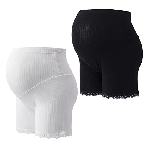 ACMEDE 2 Stücke Damen Umstands Unterwäsche mit Spitze Oversize Unterhose Schwangerschaft Shorts Umstandsslip Cotton Mutterschaft Unterhose Boxershorts Shapewear für Schwangere, Einheitsgröße 45-80kg von ACMEDE