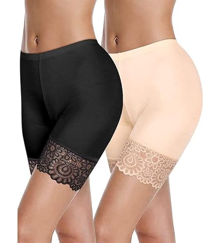 ACMEDE 2er Pack Damen Shorts Radlerhose Kurze Anti Scheuern Unterrock Shorts für Frauen Anti-Scheuer-Spitze Nahtlose Sicherheitshose Boxer Slipshort Schlüpfer Leggings Unter Kleider Unterwäsche (M) von ACMEDE