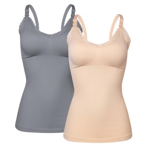 ACMEDE 2er Pack Damen Stilltops V-Ausschnitt aus Spitze Mutterschaft Tanktop Unterhemd mit Integriertem BH für Stillen Schlaf Camisole Schwangeren Unterhemd Stillen Nursing Schwangerschaft Top von ACMEDE