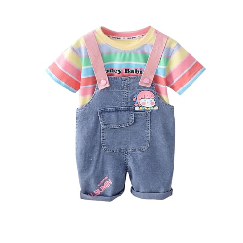 ACMEDE 2tlg Baby Mädchen Kleidung Set 6 Monate-4 Jahre, Baby Mädchen Regenbogen gestreiftes Kurzarm Oberteil T-Shirt + baby Jeans Latzhose Kurz mit Engelsflügeln Gr. 70/74/80/86/92/98/100/104/110 von ACMEDE