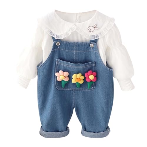 ACMEDE 2tlg Baby Mädchen Kleidung Set 6 Monate - 4 Jahre Baby Mädchen Bluse mit Volantkragen Baby Jeans Latzhose mit 3D Blumen Jeans Overalls Strampler Bodysuit Jumpsuit Gr. 68/74/80/86/92/98/104 von ACMEDE