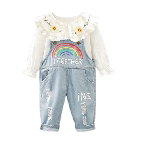 ACMEDE 2tlg Baby Mädchen Kleidung Set Baby Mädchen Bluse mit Volantkragen Baby Regenbogen Jeans Latzhose mit Engelsflügeln Sommer Jeans Overalls Strampler Bodysuit Jumpsuit Gr. 70/74/80/86/92/98/100 von ACMEDE