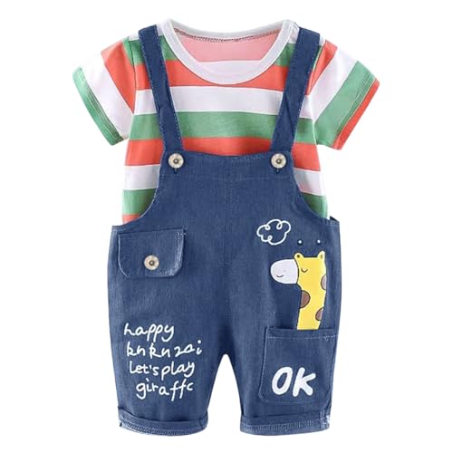 ACMEDE 2tlg Baby Mädchen Kleidung Set Gestreifte Lange Ärmel Baumwolle T-Shirt Baby Giraffen Jeans Latzhose kurze Sommer Jeans Overalls Strampler Bodysuit Jumpsuit shorts Gr. 7074/80/86/92/98 von ACMEDE