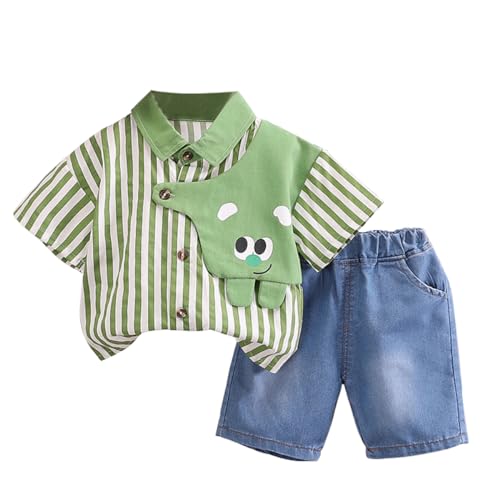 ACMEDE 2tlg Babykleidung Set Gr. 74/80/92/98, Sommer Kleidung Outfit Kleinkind Junge Kurzarm Vertikal Gestreiftes Hemd Top mit 3D Tier Patchwork+Jean Shorts mit 2 Seitentaschen Gr.104/110/116 von ACMEDE