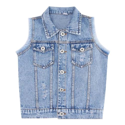 ACMEDE 3-13 Jahre Baby Mädchen Denim Weste Ärmellose 86/92/98, Denim Vest kinder Mädchen Zerrissene Jeansweste Frühling Herbst Weste Gilet Jacke Ärmellose Jeansweste für Freizeit 104/116/122/128 von ACMEDE