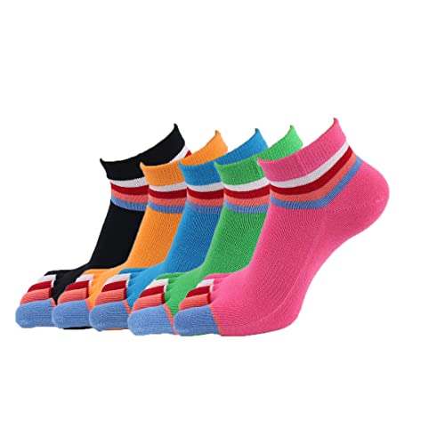 ACMEDE 5 Paare Damen Zehensocken Sneakersocken Baumwoll Bunte Fünf Finger Sport Socken mit Zehen Mädchen Socken mit Zehen Atmungsaktiv Laufsocken Gestreifen Athletic Running Zehensocken 35-39 von ACMEDE