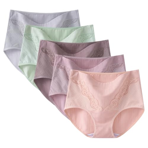 ACMEDE 5er Pack Unterhosen Damen Senioren Baumwolle Stretch Slips mit Spitze Hohe Taille Weiche Unterwäsche Oma Damen Höschen Hipster schlüpfer Baumwolle Geeignet für Damen Gewicht von 40-100 kg von ACMEDE