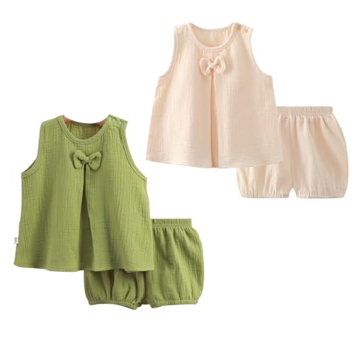 ACMEDE 6 Monate-4 Jahre Baby Mädchen Kleidung Set Doppellagigem Baumwollgarn Gr. 70/80/86/92/98/104/110 Sommer baby Mädchen Oberteil mit Schleife + Shorts Kleinkind Bekleidungssets von ACMEDE