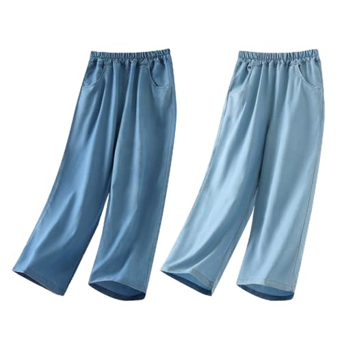 ACMEDE 7-14 Jahre Mädchen Sommer leichte Hose mit Weitem Bein Gr. 122/128/134/146/152/164, 2er Pack Mädchen Culotte Fließender Sommer Jeans Palazzo Hosen mit Taschen lockere Freizeithose von ACMEDE