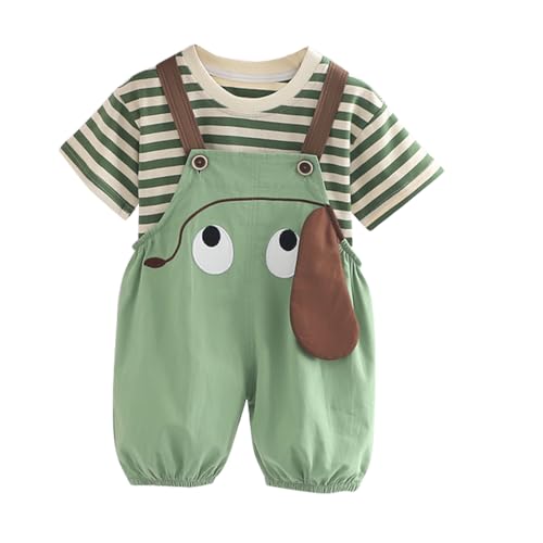 ACMEDE Baby Jungen Mädchen Kleidung Set Kleinkinder Kurzarm Gestreiftes Oberteil T-Shirt Baumwolle + Sommer Latzhose Kurz shorts mit 3D-Welpenmuster Jumpsuit shorts Gr. 70/74/80/86/92/98/104 von ACMEDE