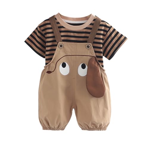 ACMEDE Baby Jungen Mädchen Kleidung Set Kleinkinder Kurzarm Gestreiftes Oberteil T-Shirt Baumwolle + Sommer Latzhose Kurz shorts mit 3D-Welpenmuster Jumpsuit shorts Gr. 70/74/80/86/92/98/104 von ACMEDE