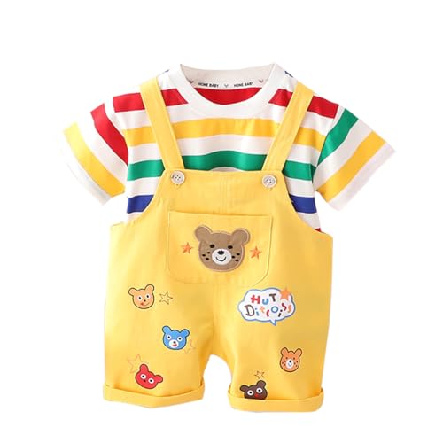 ACMEDE Baby Jungen Mädchen Kleidung Set Kleinkinder Kurzarm Regenbogen streifen T-Shirt Baumwolle + Sommer Latzhose Kurz shorts mit Bär-Muster Overalls Shortalls Gr. 70/74/80/86/92/98/104/110 von ACMEDE