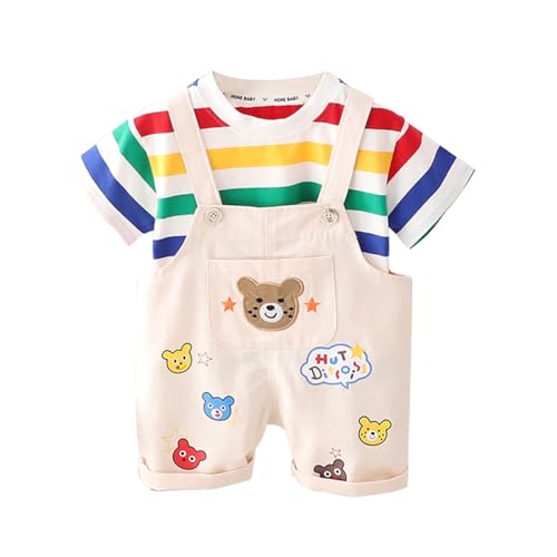 ACMEDE Baby Jungen Mädchen Kleidung Set Kleinkinder Kurzarm Regenbogen streifen T-Shirt Baumwolle + Sommer Latzhose Kurz shorts mit Bär-Muster Overalls Shortalls Gr. 70/74/80/86/92/98/104/110 von ACMEDE