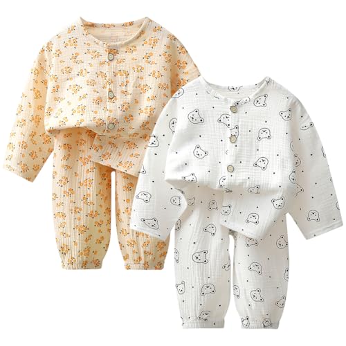 ACMEDE Baby Jungen Mädchen Schlafanzug doppellagigem Baumwollgarn Gr. 74/80/86/92 Kinder Zweiteiliger Pyjama Schlafanzüge Gr. 98/104/110/116/122 Schlafanzug Langarm Oberteil Jogginghose Hosen von ACMEDE
