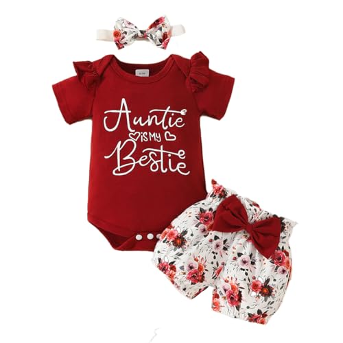 ACMEDE Baby Kleidung Mädchen 0-3-6-9-12-24 Monate, 3tlg Baby Kurze Ärmel Strampler Body mit Briefdruck T-Shirt Rüschen Kurzarm Top + Schleifenshorts + Stirnband Bekleidungssets von ACMEDE
