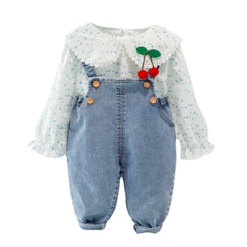 ACMEDE Baby Kleinkind Mädchen Baumwolle Langarmshirt Peter Pan Kragen Hemdbluse mit Blumen + Baby jearns Latzhose Overalls Gr. 70/74/80/86/98/104, Baby Mädchen Kleidung Set 6 Monate-4 Jahre von ACMEDE