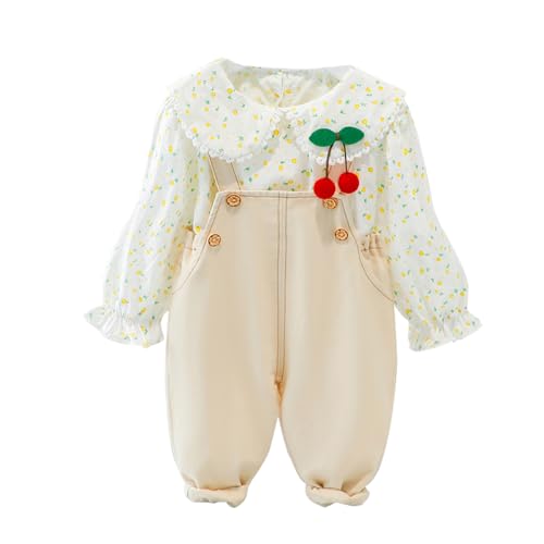 ACMEDE Baby Kleinkind Mädchen Baumwolle Langarmshirt Peter Pan Kragen Hemdbluse mit Blumen + Baby jearns Latzhose Overalls Gr. 70/74/80/86/98/104, Baby Mädchen Kleidung Set 6 Monate-4 Jahre von ACMEDE
