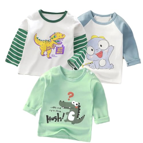 ACMEDE Baby Langarm-T-Shirts Mädchen Jungen 1-8 Jahre, Dinosaurier T-Shirts Patchwork Streifen Langarmshirts Schlafanzugn Kinder Langarm T-Shirt Gr. 80/86/92/98/104/116/122/134 von ACMEDE