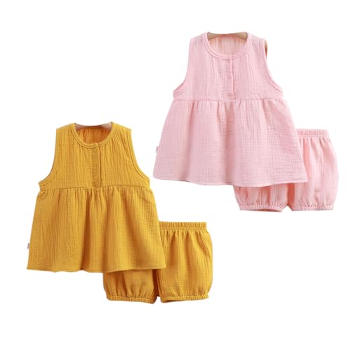 ACMEDE Baby Mädchen Kleidung Set Doppellagigem Baumwollgarn Gr. 70/80/86/92/98/104/110 Sommer Zweiteiler Outfit baby Mädchen kleid Shirt + Shorts Einfarbige Kleinkind Bekleidungssets 6 Monate-4 Jahre von ACMEDE