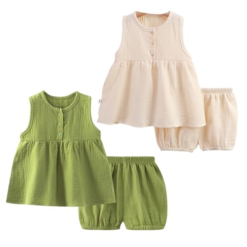 ACMEDE Baby Mädchen Kleidung Set Doppellagigem Baumwollgarn Gr. 70/80/86/92/98/104/110 Sommer Zweiteiler Outfit baby Mädchen kleid Shirt + Shorts Einfarbige Kleinkind Bekleidungssets 6 Monate-4 Jahre von ACMEDE