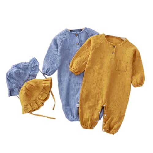 ACMEDE Baby Strampler Neugeborenes Gr. 50/56/60/74/80 + baby Beanie, 2er pack Einteiler set für Neugeborene aus weichem Baumwollmusselin Jumpsuit Langarm Baby einteiligen Anzug, 0-24 Monate von ACMEDE