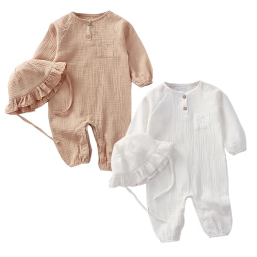 ACMEDE Baby Strampler Neugeborenes Gr. 50/56/60/74/80 + baby Beanie, 2er pack Einteiler set für Neugeborene aus weichem Baumwollmusselin Jumpsuit Langarm Baby einteiligen Anzug, 0-24 Monate von ACMEDE