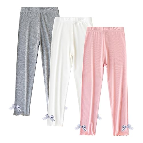 ACMEDE Baby leichte Leggings Lange Hosen mit Zarte Schleife am Hosenbein 3er Pack Feste Capri Leggings Mädchen Gr. 98/104/116/122/128/134 Sommerhose Jogginghose Lässige Elastische Hose von ACMEDE