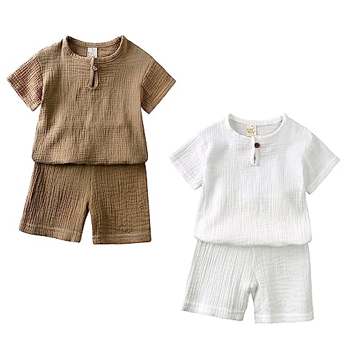 ACMEDE Babykleidung Set kurz 4er Stuck Baby Jungen Mädchen Kleidung Outfit T-Shirt Top + Hose Shorts Angenehmes Baumwollgarn Neugeborene Weiche Einfarbige Babyset Gr. 92/98/104/110/116 von ACMEDE