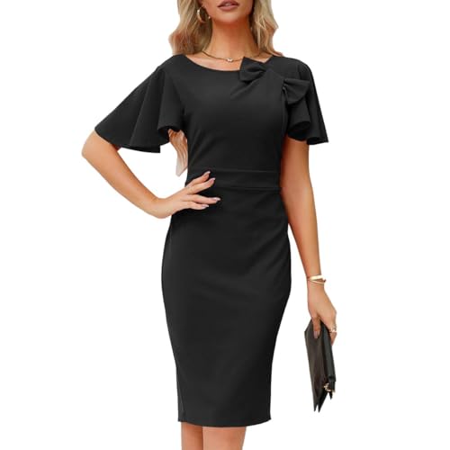 ACMEDE Damen Cocktailkleid Partykleid Gr. 34 36 38 46 Elegant Abendkleid Bleistiftkleid Damen Businesskleider Knielang Bodycon Figurbetontes Flügelärmel Rüschenkleid Business Etuikleider von ACMEDE