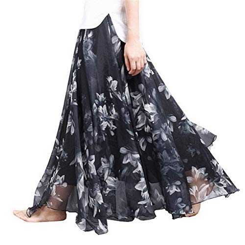 ACMEDE Damen Frauen Lang Chiffon Bohemien Bodenlang Maxi Rock Chiffon Blumenmuster Maxirock Lang A Linie Strandrock Elegant Frühling Sommer Swing Röcke von ACMEDE