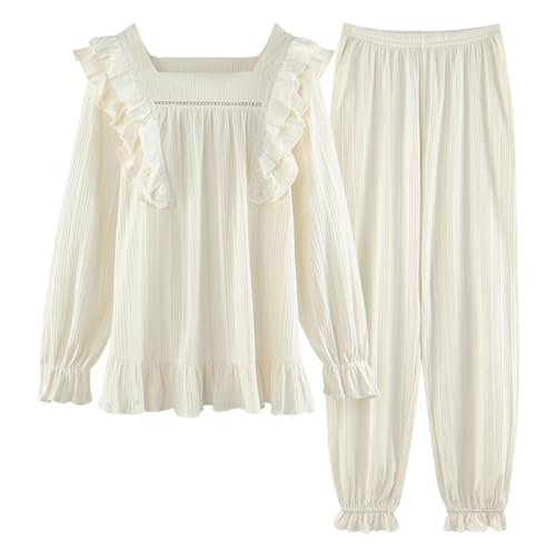 ACMEDE Damen Schlafanzug Langarm Baumwolle Nachtwäsche Pyjamas Set Teenager Mädchen koreanische Version des Gerichts niedlich Homewear Retro Zweiteiliger Nachtwäsche Hausanzug 12 Jahre + von ACMEDE
