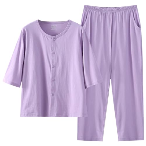 ACMEDE Damen Schlafanzug mit Knopfleiste 3/4 Damen Zweiteiler Pyjama Sommer Nachtwäsche Set Baumwolle Sleepwear Nachtwäsche Oberteil und Schlafhose mit Taschen 55-100kg von ACMEDE