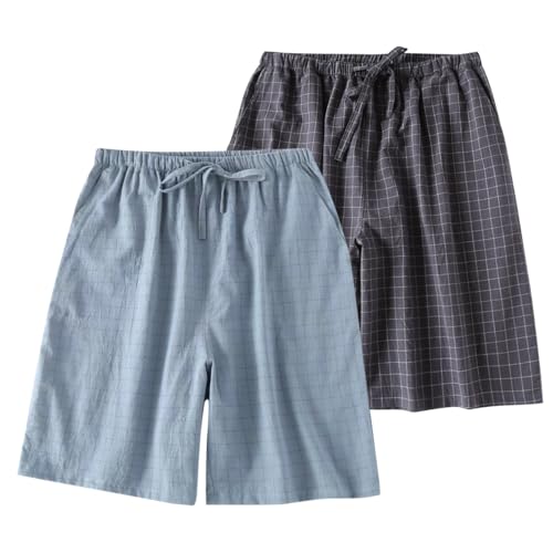 ACMEDE Karierte Shorts Pyjamahose Herren Kurz Baumwolle Gaze, 2er Pack Schlafanzughose Shorts Weich Verstellbare Taille, Schlafshorts mit Beidseitige Taschen Freizeithose Weit Loungewear von ACMEDE