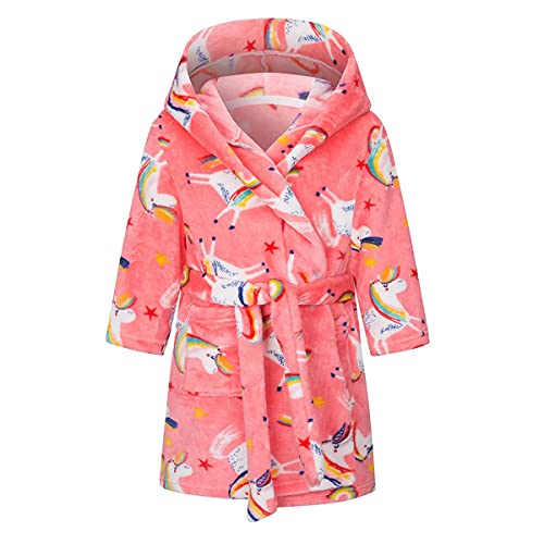 ACMEDE Kinder Bademantel Kapuze Mädchen Jungs Frottee Bademantel Flanell Einhorn Rosa Lange Ärmel Weiche Bequeme Schlafoveralls Pyjama Taillengürtel Baby Kleinkind Alter 2-10 Jahre von ACMEDE