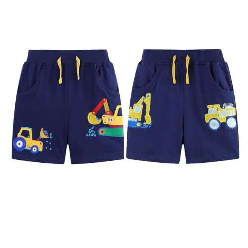 ACMEDE Kinder Jungen Freizeit Sweat Shorts Baumwolle Bleu 86/92/98/104, 2er Pack Jersey-Shorts mit Stickereimuster Kurze Hosen mit Taschen Bermuda Dinosaurier Sommer Jogger Pants 110/116/122 von ACMEDE