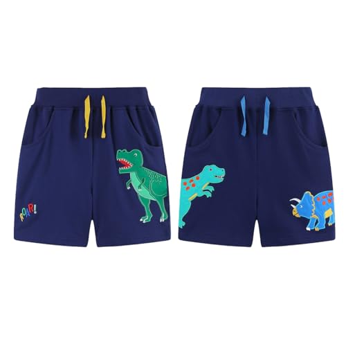 ACMEDE Kinder Jungen Freizeit Sweat Shorts Baumwolle Bleu 86/92/98/104, 2er Pack Jersey-Shorts mit Stickereimuster Kurze Hosen mit Taschen Bermuda Dinosaurier Sommer Jogger Pants 110/116/122 von ACMEDE