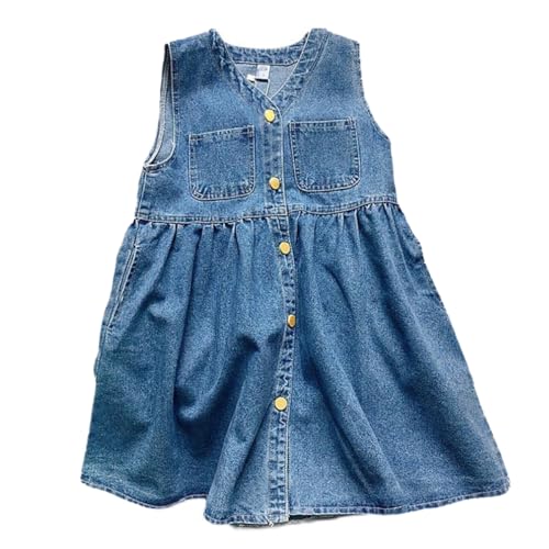ACMEDE Kleine Mädchen ärmellos Denim Kleid A-Linie Ärmelloses Sommerkleid Sommer Button Down Jean Kleider Ärmellos Freizeitkleider Kleinkind Casual Kleid mit Tasche Kleidung von ACMEDE