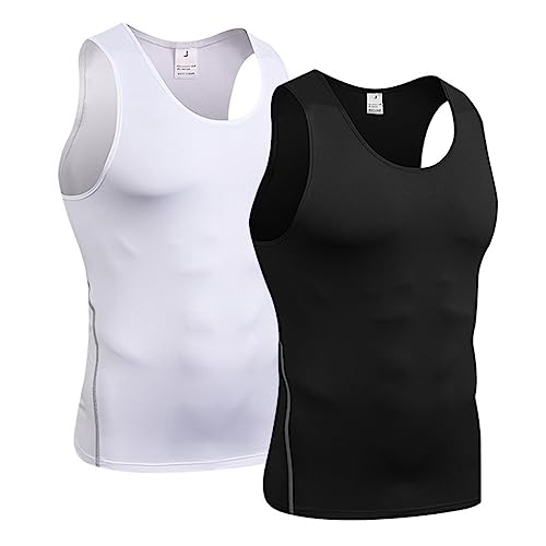 ACMEDE Kompressionsshirt Herren Tank Tops S - XXL 2er Pack Funktionsshirt Sport Ärmelloses Weiß Funktionsunterhemd Schnelltrocknend Laufshirt Schwarz Sport Unterhemd für Training Gym, 52-100KG von ACMEDE