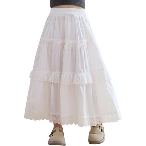 ACMEDE Maxirock Weiße Mädchen Sommer Leichte Tellerrock Langer Rock mit Spitzenbesatz Elegant A-Linie Sommerrock Rüschensaum Strandrock Elastische Taille Kinder Gr. 104-164 von ACMEDE