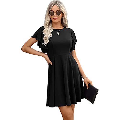 Damen A Linie Kleid Elegant Sommerkleid Schmetterlingsärmel Freizeitkleid kleidlang Swing Stretchy Kleider Hohe Taille Kleider Casual Tunika Beach Minikleid (M, Schwarz) von ACMEDE